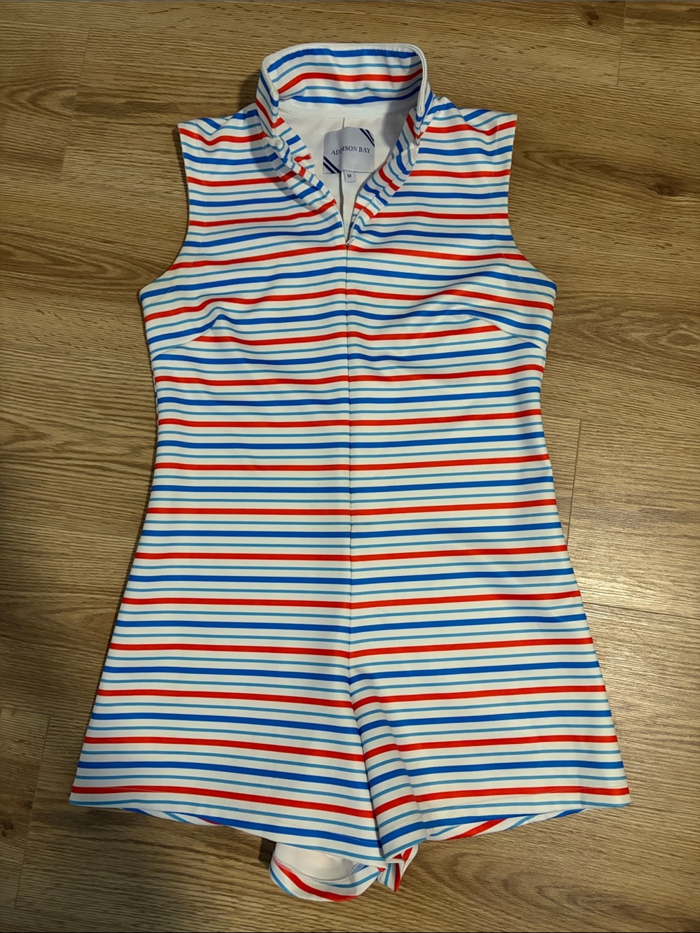 Women’s Addison Bay White One-Piece Romper with Red & Blue Stripes